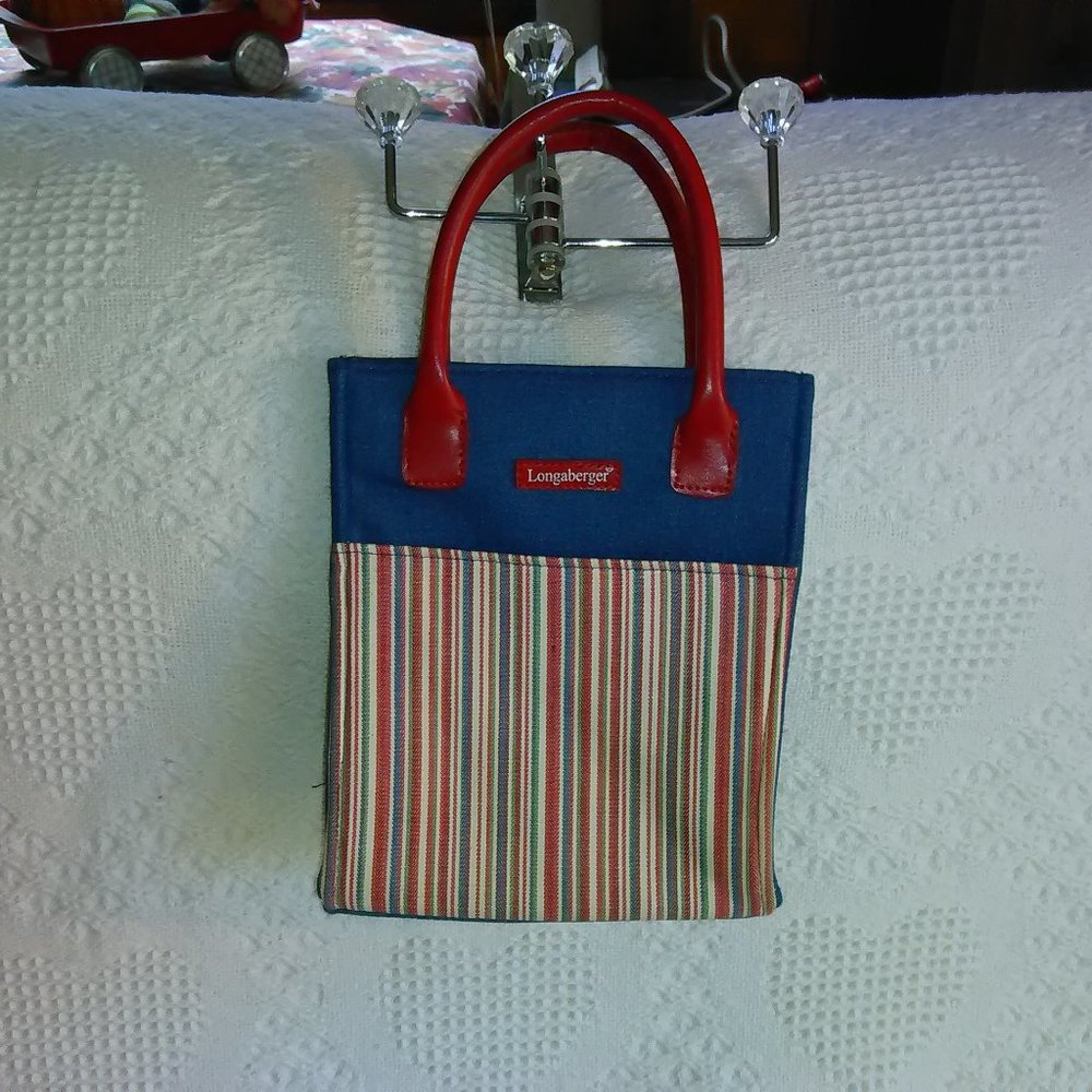 Longaberger blue, red and white canvass/denim tote bag.